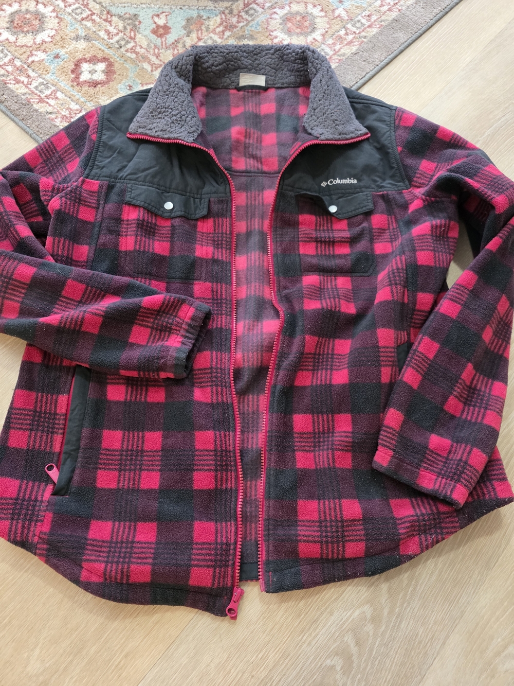 Columbia Women’s Pink & Black Plaid Teddy-Lined Fleece Jacket